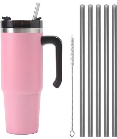 Moollyfox Edelstahl Vakuum Isolierbecher Doppelwandiger mit Griff Strohbürste und 5 Strohhalm Becher Tumbler Tragbare Autobecher Reisebecher für Wasser, Kaffee, Smoothie Getränke (Rosa, 30oz/890ml)