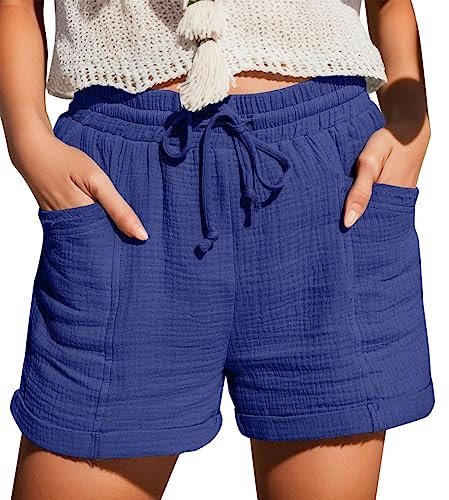 Damen Shorts Sommer Mode Lässige Musselin Hose mit hoher Taille Gerades Bein Sport Lässige Lockere Shorts mit Kordelzug Kurze Hose mit Taschen Gummiband Freizeit Shorts Elastische Stoffhose