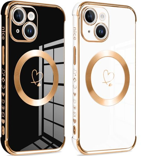 Pnakqil Magnetische Hülle für iPhone 15, 2 Stück Handyhülle Ultra Dünn Silikon mit Herz Love Muster Schutzhülle, Kompatibel mit MagSafe, Stoßfest Bumper Case für iPhone 15, Schwarz und Weiß