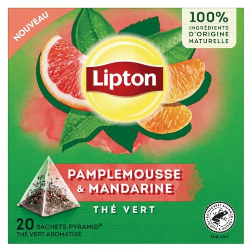 Lipton, Tè verde, tè verde aromatizzato, infuso freddo o caldo, gusto pompelmo e mandarino, ingredienti naturali al 100%, 20 sacchetti piramidali