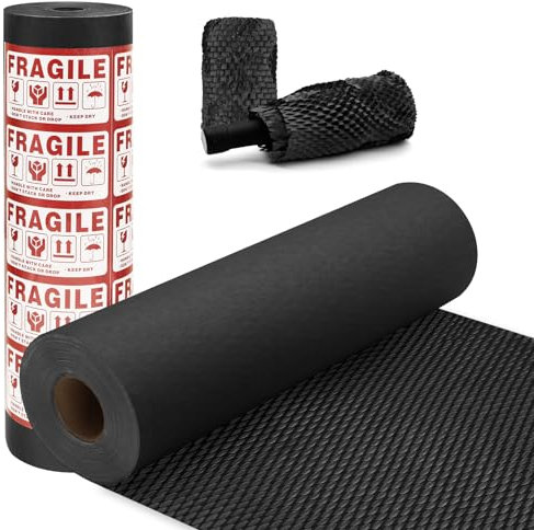 Wabenpapier Verpackungsmaterial 30 Aufkleber Fragile Luftpolsterfolie Öko Alternative für umzug Versand fragil Artikel Verpackungspapier und Füllmaterial für Pakete Papier (38cm*40m, Schwarz)
