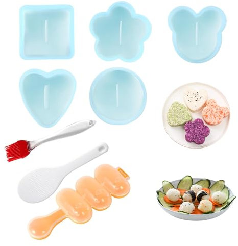 ChAusa 8 Stück Reis Ball Moulds, Sushi-Reisbällchenform-Set, Sushi Onigiri Mold, 1 Stück 3 Gitter Reiskugelform mit Reislöffel, Ölpinsel und 5 Stück DIY-Reiskugelform für DIY Mittagessen Mold