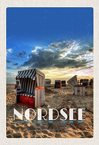 Ontrada Holzschild 12x18cm Nordsee Strandkorb Unwetter Gemälde Holz Schild