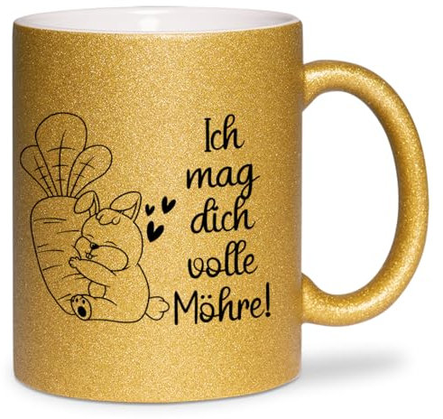 glitzertassen.de® | Ich mag dich volle Möhre! | Tasse mit Glitzer | Geschenkidee | Lustige Sprüche | Freunde | Kaffeebecher | Keramik | 330 ml | Gold