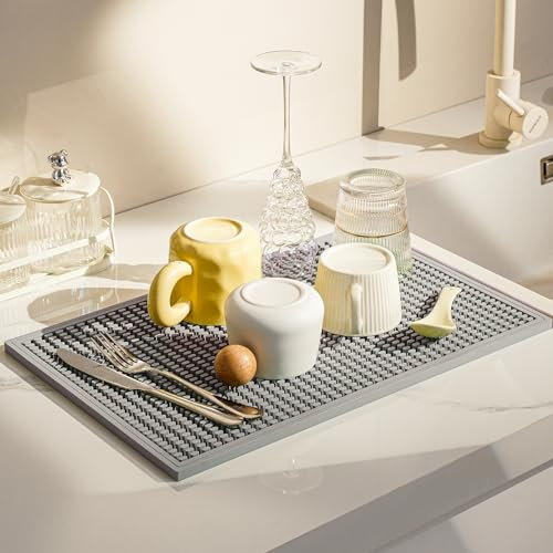 Veki Grande Alfombrilla Escurreplatos de Silicona, Absorbente Alfombrilla para Secar Platos, Alfombra de Bar Antideslizante, Resistente al Calor Soportes para Platos para Cocina, Baño (Gris, 45x30cm)