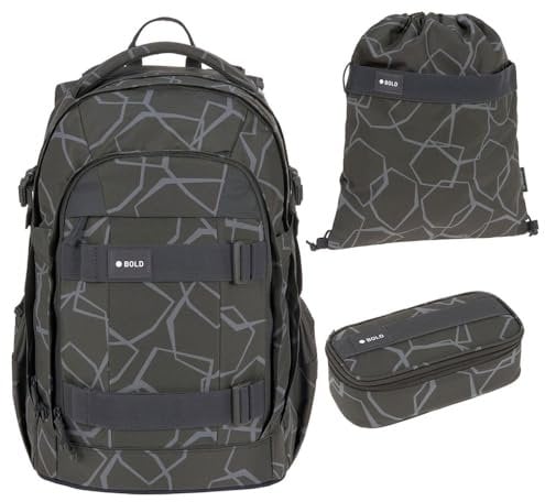 Lässig Bold Origin Schulrucksack-Set 3tlg mit Schlamperbox und Turnbeutel (Edges Grey)
