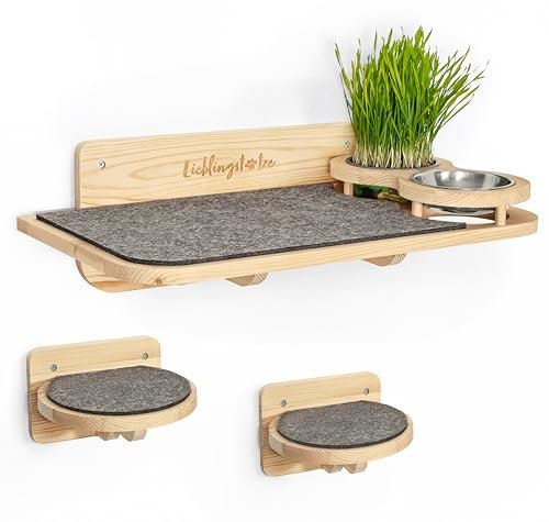 Lieblingstatze® Katzen Kletterwand Set - Wandelemente mit Futterstelle inkl. 2X Katzentreppe - Massivholz (Kiefer) - extra stabil - inkl. 2X Edelstahl Futternapf