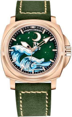 Pagani Design YS014 Herren-Automatikuhren, NH35A-Uhrwerk, mechanische Uhren für Herren, modisches Lederarmband, leuchtendes Zifferblatt (YS014-Gold grün-CJ)