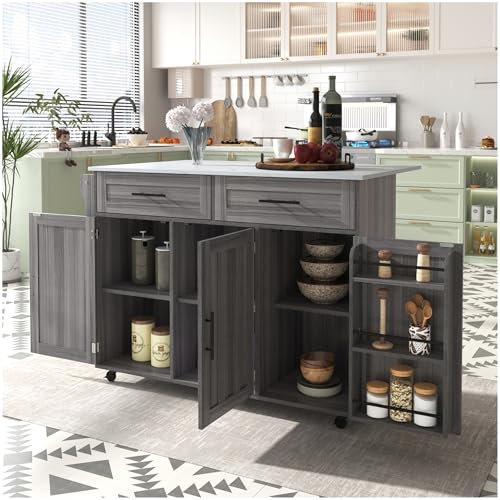 Sapgaks Aparador comedor con encimera plegable, carro de cocina con ruedas, aparador de cocina con 3 puertas y 2 cajones, isla de cocina con patas de madera maciza reversibles, gris