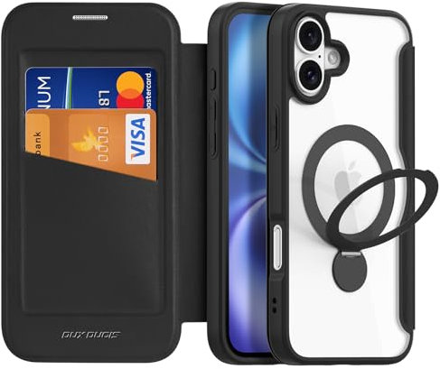 DUX DUCIS Magnetic for iPhone 16 Plus Case, Compatible with MagSafe, 360°Spin Magnetic Stand, Premium PU Leather Wallet Case Flip with RFID Blocking Clear Shockproof Phone Cases Cover (Black)