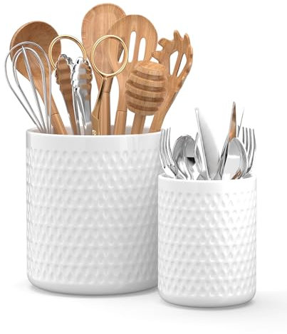 2 Pack Ceramic Utensil Caddy, Large Spatula Holder, Farmhouse Kitchen Decor for Silverware Spoon Crocks