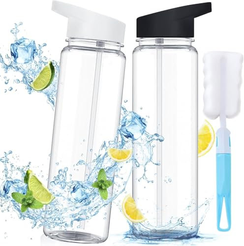 2PCS Leak Proof Sports exam Water Bottles,750ml Clear Plastic Bottles with Filter Flip-Top Lid and Reusable Design for Gym School Sports and Cycling Gift for Students Teachers Friends