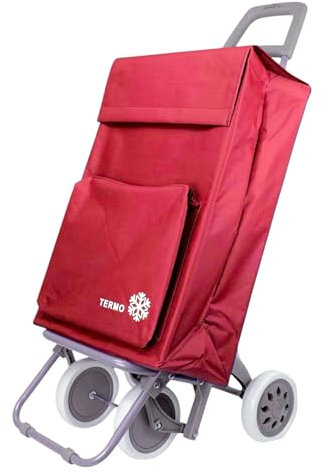 Carro de la Compra Plegable con Bolsa Térmica 4 Ruedas para Subir Escaleras, Carrito del Mercado, Bolsa Impermeable isotérmica de 46L litros. Porta Paraguas. (Rojo)