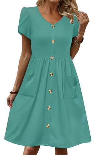 Zeagoo Sommerkleid Damen Kurzarm Kleider Casual V-Ausschnitt Strandkleid Elegant Einfarbig Kleider A-Linie Knielang Kleid mit Taschen Grün M