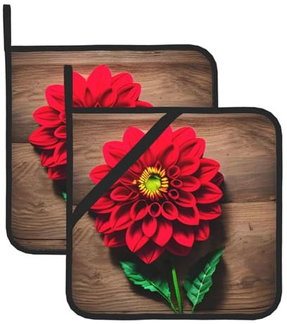 Lot de 2 maniques rétro en bois avec motif floral rouge pour cuisine, micro-ondes, four et grillades