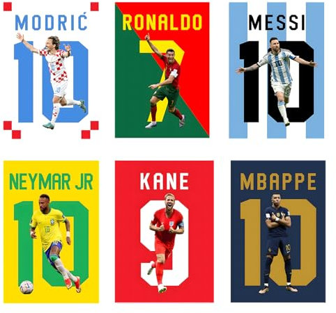 Set of 6 Football Posters, Ronaldo, Messi, Mbappe, Neymar, Modric, Kane Set Leinwand Poster Wandkunst Dekordruck Bild Gemälde Für Wohnzimmer Schlafzimmer Dekoration Unframe-style 08x12inch(20x30cm)