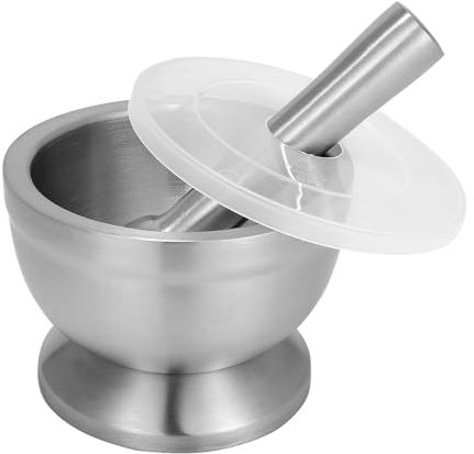 Mortar and Pestle Set, 304 Stainless Stee Mortar and Pestle Grinder Crusher with Plastic Lid and Cleaning Brush, Durable Kitchen Tool for Grinding, Crushing, and Mixing Spices, Herbs, and Garlic