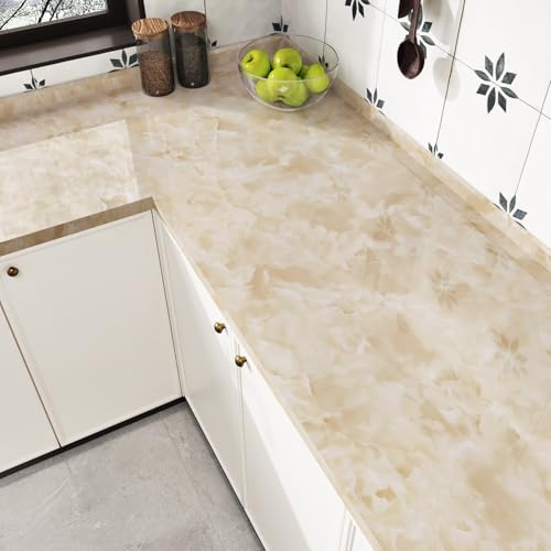 HotDecor Beige Marble Effect Self Adhesive Vinyl Wallpaper Washable Kitchen Worktop Covering Marble Vinyl Wrap for Kitchen Cupboards Bathroom Wallpaper Waterproof Beige Sticky Back Plastic 40 x 200cm