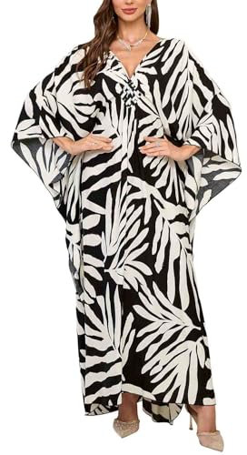 Orshoy Womens Long Sleeve Beach Bikini Cover Ups Bohe Kaftan Dresses Maxi Kimono Tunic Bathing Suit Nightdress Black White Leaf