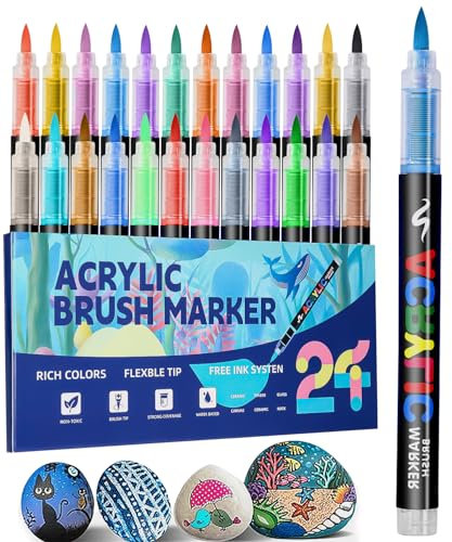 24 Farben Pinselspitze Acrylstifte Set,Brush Tip Acrylic Pens Set,Acryl Paint Marker für Steine, Holz, Keramik & Glas,Acryllfarben Stifte für DIY, Kunst