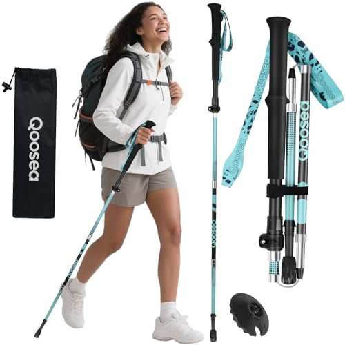 Qoosea Bastone da Trekking per Donna, 1 Pezzo Pieghevole e Regolabile 110-125 cm in Fibra di Carbonio - Bastoncino da Camminata Nordica Ultraleggero per Escursionismo, Alpinismo e Sci