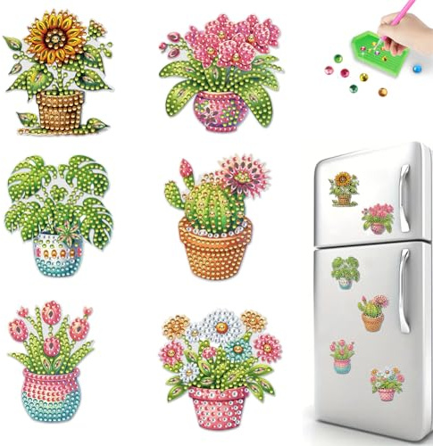 POETRYDRAW 6 Pcs Diamond Painting Magnets Special Shape Flower Pot Diamond Art Stickers Refrigerator Diamond Painting Kits for Fridge Stickers