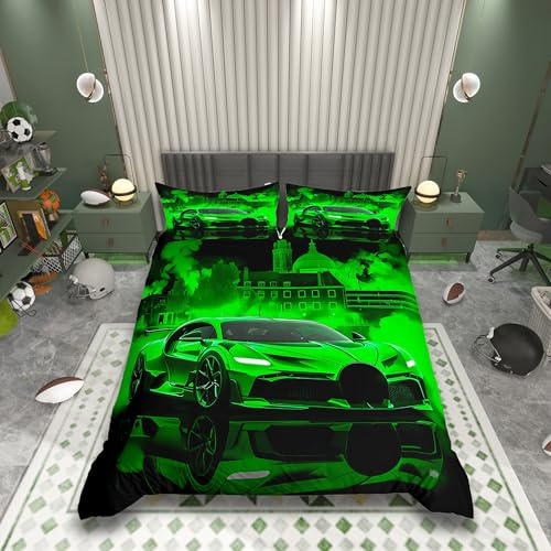 Homemissing Kinder Rennwagen Bettwäsche Set 135x200cm Extreme Sport Spiel Car Bettbezug Auto für Jungen Mädchen Schlafzimmer Dekor Moderne Grün Betten mit Reißverschluss