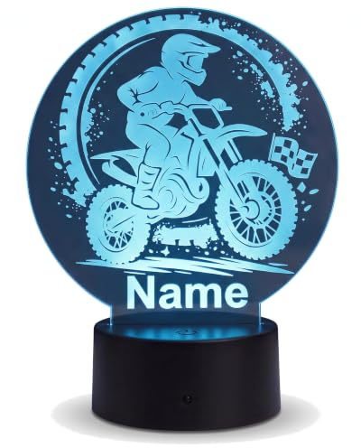 Optechvisual Personalisierte Motocross Lampe, LED Nachtlicht mit Name | Cross Motorrad Geschenk für Kinder & Männer | Dirtbike Light Deko fürs Kinderzimmer, Schlafzimmer & Biker-Fans