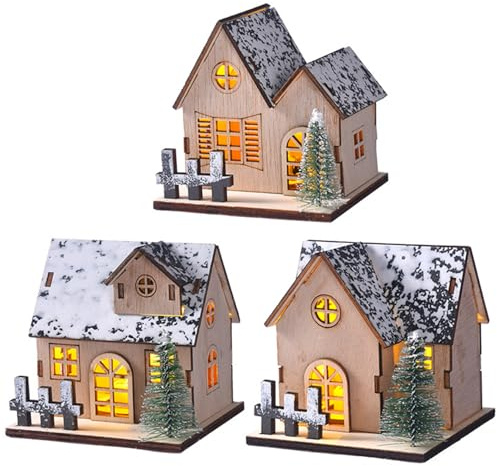 Ensembles de Village de Noël, Maisons Village Noël 3 pièces/Ensemble avec Toit en Neige en Bois Lumineux avec décoration d'arbre pour centres Table, décoration