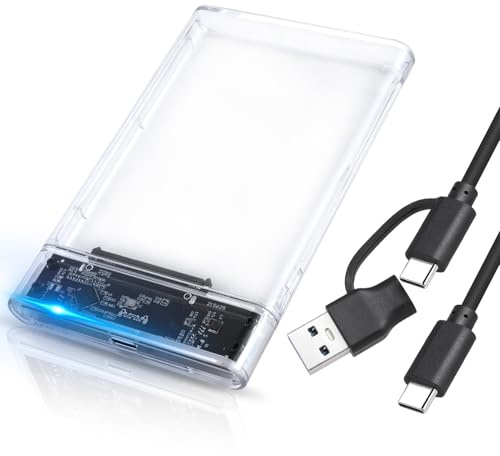 OTraki Case Hard Disk 2.5'' 5Gbps USB 3.1 Gen 1 Case SSD 2.5 per SATA III 7mm/9.5mm SSD HDD Fino a 6TB, Custodia per Disco Rigido Esterno con Cavo USB C a C/A per Xbox/PS5/Laptop/PC (Trasparente)