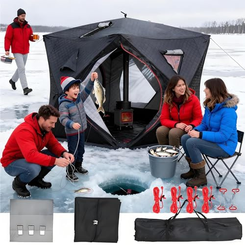 Tragbares Eisangelzelt FüR 3-4 Personen,SchutzhüTte,VollstäNdig Isolierte Winter-EisangelhüTte,Saunazelt,Winddicht, Warm, Wetterfest, Inklusive Bodenmatte,Eisangelmatte Und Tragetasche 1818