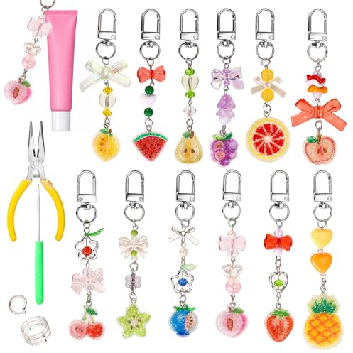 Sinbana 12pcs Lip Gloss Keychains Kit, Cute Lip Balm Holder Key Chain with Charms for Women Girls Party Favor Bag Lipgloss Accessories Includes Pliers Hole Saw Ring & Hanging Loops (Fruit Design)