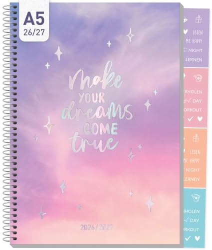 Häfft® College-Timer Schülerkalender 2026 2027 A5 Dreamlights | Mit Hologrammprägung & Stickern - Schulplaner 26/27 im Pastell-Look für Schule & Uni, Hausaufgabenheft mit Spiralbindung