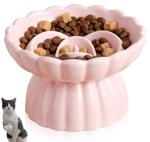 Gamelle Anti Glouton Chat Surélevée, Bol Anti Glouton Chat 14 cm en Céramique, Slow Feeder Chat Rond pour Croquettes et Pâtée, Gamelle Chat Antidérapante Lavable au Lave-Vaisselle (Rose)