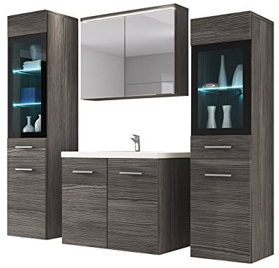 Udine II Ensemble de meubles de salle de bain avec lavabo et siphon, salle de bain moderne, complet, armoire miroir, lavabo, meuble haut (sans éclairage, bodega)