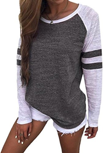 Famulily Women's Long Sleeve Baseball Tee Shirt Crew Neck Colorblock Striped Tops(Dark Grey,XX-Large)