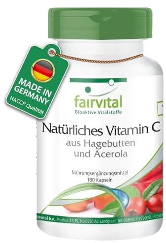 fairvital Acerola Kapseln mit Hagebutten, Natürliches Vitamin C, 256mg pro Tagesdosis, HOCHDOSIERT, VEGAN, 180 Kapseln