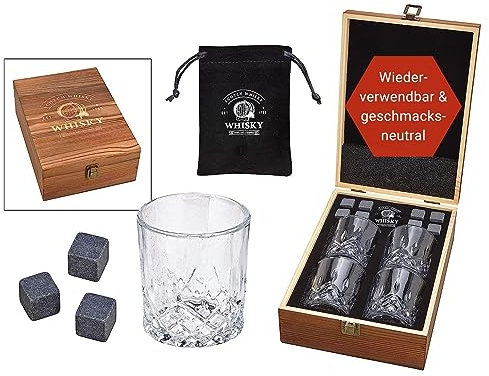 WOMA Whisky Steine Set I 8 Kühlwürfel aus Basalt inkl. 4 Whiskey Gläser & hochwertiger Holzbox I Wiederverwendbare Eiswürfel für Whiskey Wodka Gin Rum Tequila & Cocktails