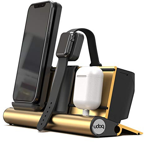 Ladestation für iPhone AirPods und Watch, udoq 250, mit Power Charger, solides Aluminium, deutsches Funktionsdesign, Gold