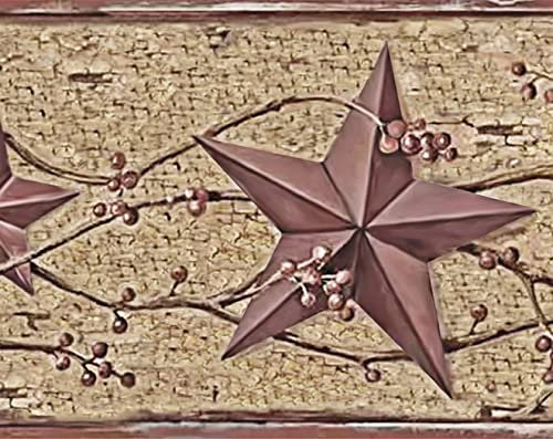 Dundee Deco BD6222 Selbstklebende Tapetenbordüre, patriotisches Beige, Braun, Kastanienrot, Zinnstern, Beeren auf Weinrebe, Wandbordüre, Retro-Design, 4,57 m x 17,78 cm