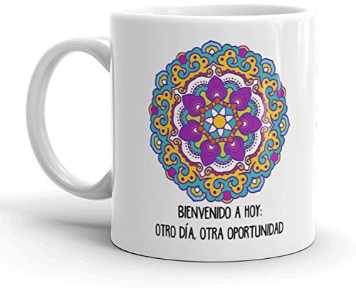 Kembilove Tazas de café Buda – Tazas Desayuno Mandalas – Tazas con Mensajes positivos – Buda de la abundancia – Tazas Originales Figura Buda – Tazas de té Mandalas Bienvenida a hoy