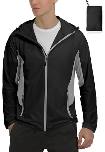 Mapamyumco Atmungsaktive leichte Sommerjacke für Herren zum Laufen Radfahren, verstaubare Windjacke mit Kapuze, Schwarz, XL