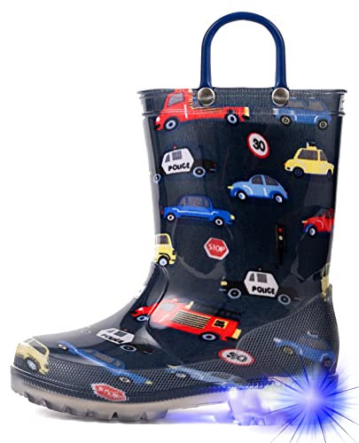 Hugrain Adorabili stivali di gomma luminosi per bambini con manici facili da indossare, Auto, 31 EU