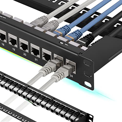 Rapink 24 Port Cat7 Patch Panel with Inline Keystone, 10G Support, STP Shielded, 1U, Compatible with Cat6, Cat6A, Cat5e, Cat5 Cabling