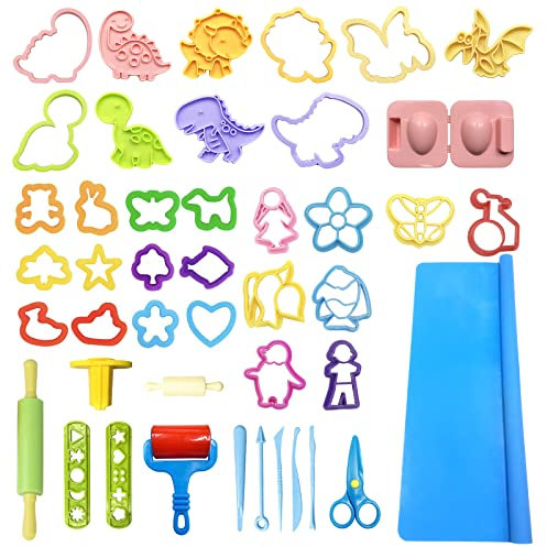 VAIYNWOM Dough Tools Kit for Kids, 43 Pcs Play Dough Clay Tool Playdough Tools, with Scissors, Rolling Pin, Dinosaur Molds, Animal Cutters, Extruder set, Kneading Mat and Storage Bag