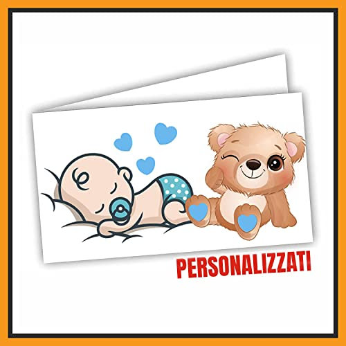 Mr Pubblicità - 60 Bigliettini Bomboniere Battesimo Personalizzati | Biglietti Primo Compleanno Nascita Bimbo Bimba | Etichette Bomboniera | Biglietti bomboniera Personalizzati (Bambino Orsetto)