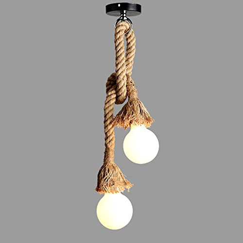 Mengjay Pendelleuchte Hängelampe, E27 Lampenfassung Vintage Lampenkabel Hanfseil, Industriestil geeignet für Wohnzimmer, Haus, Bar, Caféhaus(ohne Birne) (50cm+50cm (Doppelkopf))