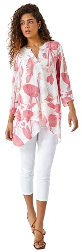 Roman Originals Floral Print Tunic Top for Women UK Ladies Casual Shirt Smart Blouse Asymmetric Wrap Hem Summer Holiday Party Cruise 3/4 Sleeve Longline Oversized - Coral - Size 20