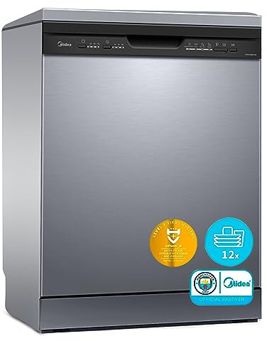 Midea Lavavajillas 60 cm+++ Inox para 12 servicios - Lavaplatos libre instalación - Compacto con 5 Programas de Lavado integrable - Filtro Antibacterias y Programación Horaria Nuevo Modelo
