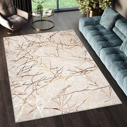 TAPISO Golden Teppich Kurzflor Wohnzimmer Schlafzimmer Luxuriös Beige Weiß Gold Linien Abstrakt Meliert Verwischt Modern Design ÖKOTEX 200 x 300 cm